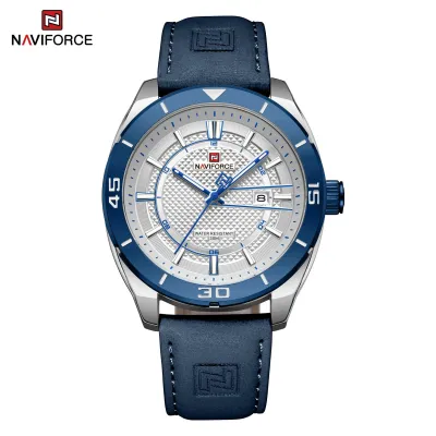 NAVIFORCE NF9209 Original Business Men's Watches Waterproof Casual Sports Military Leather Wristwatch  Man Quartz Calendar Clock - Blue Silver